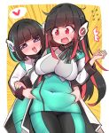  2girls android as_(kamen_rider_01) belly_grab black_hair blue_eyes blush covered_navel ditienan_ddn emphasis_lines fang fang_out green_nails heart heart_eyes is_(kamen_rider_01) kamen_rider kamen_rider_01_(series) long_hair mechanical_ears multiple_girls open_mouth plump red_eyes short_hair skin_tight surprised v-shaped_eyebrows 