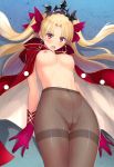  1girl absurdres bangs blonde_hair blush breasts cape earrings ereshkigal_(fate/grand_order) fate/grand_order fate_(series) gloves hair_ribbon highres hip_focus hoop_earrings jewelry long_hair medium_breasts navel nipples nose_blush pantyhose parted_bangs red_cape red_eyes red_gloves red_ribbon ribbon scan shiny shiny_skin signature solo tanaka_takayuki tearing_up thighband_pantyhose thighs tiara two_side_up underboob underwear wavy_mouth wind wind_lift 
