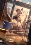  1girl absurdres bag brown_eyes brown_hair building camera cellphone chromatic_aberration falling glass highres huge_filesize no_smoking original phone photo_(object) pleated_skirt radio1985head school_uniform serafuku shoes shoes_removed skirt socks solo suicide tears 