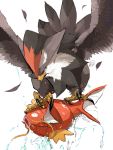  bird feathers fish flying gen_1_pokemon gen_4_pokemon highres magikarp pokemon pokemon_(creature) signature simple_background staraptor talons water white_background yuyu_ekaki_dayo 