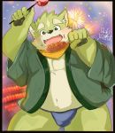  11768hoshi 2020 anthro asian_clothing belly bulge canid canine canis clothing cute_fangs domestic_dog east_asian_clothing fireworks food fundoshi fur green_body green_fur hi_res humanoid_hands japanese_clothing kemono male mammal outside overweight overweight_male robe solo the_spicy_ninja_scrolls underwear wasabi_(the_spicy_ninja_scrolls) 