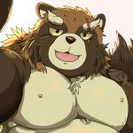  1:1 2020 anthro belly brown_body brown_fur canid canine fur gyobu hi_res kemono male mammal moobs nipples overweight overweight_male raccoon_dog scar solo tanuki tokyo_afterschool_summoners video_games yamatoji201 