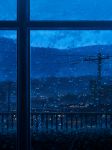  blue_theme blurry city city_lights cloud cola_(gotouryouta) commentary dark depth_of_field dusk highres hill indoors no_humans original plant power_lines railing rain scenery sky telephone_pole water_drop window 