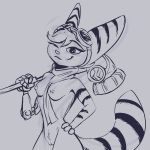  1:1 anthro breasts female genitals hammer hand_on_hip juantriforce lombax looking_at_viewer mammal nipples prosthetic prosthetic_arm prosthetic_limb pussy ratchet_and_clank rift_apart_lombax scarf sketch solo striped_tail stripes tools video_games weapon_on_shoulder winking_at_viewer 