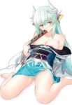  1girl absurdres aqua_hair aqua_kimono bandaid bandaid_on_pussy barefoot blush breasts dragon_girl dragon_horns fan fate/grand_order fate_(series) folding_fan hair_ornament highres holding holding_fan horns japanese_clothes kimono kiyohime_(fate/grand_order) long_hair looking_at_viewer multiple_horns open_mouth sash scan simple_background sitting tanaka_takayuki white_background yellow_eyes 