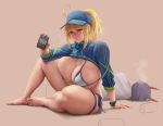  2girls ahoge alcohol artoria_pendragon_(all) barefoot baseball_cap beer_can bikini blonde_hair blue_headwear blue_jacket bob_cut breasts can cleavage colorized cropped_jacket curvy deep_skin drinking drunk eu03 fate/grand_order fate_(series) full_body hair_between_eyes hair_through_headwear hat horns huge_ahoge huge_breasts jacket knee_up legs long_hair looking_at_viewer lying multiple_girls mysterious_heroine_xx_(foreigner) on_side oni oni_horns ponytail purple_hair revision shirt short_hair short_sleeves shrug_(clothing) shuten_douji_(fate/grand_order) side-tie_bikini sitting skin-covered_horns small_breasts swimsuit t-shirt thigh_strap toes unaligned_breasts underboob white_bikini white_shirt wristband 