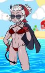  1girl beach helltaker justice_(helltaker) ocean spicedfish sunglasses swimsuit thighs white_hair 