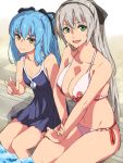  2girls ao_no_kiseki aqua_hair bare_legs bikini blue_swimsuit blush bow breasts chiharu_(9654784) cleavage closed_mouth commentary eiyuu_densetsu elie_macdowell eyebrows_visible_through_hair green_eyes hair_between_eyes hair_bow highres large_breasts long_hair looking_at_viewer midriff multiple_girls navel one-piece_swimsuit open_mouth poolside side-tie_bikini silver_hair sitting small_breasts smile straight_hair swimsuit thighs tio_plato twintails v water white_bikini yellow_eyes zero_no_kiseki 