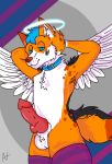  angel animal_genitalia anthro auxiefox balls butt canid canine clothing collar domination erection fluffy fox fur genitals girly hair halo hyper knot legwear looking_at_viewer male male/male mammal nude penis sheath simple_background smile solo spots thigh_highs wings 