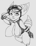  anthro big_breasts breasts clothing eyewear female genitals gloves goggles handwear lombax mammal monochrome nejtacoz58m8 nipples portrait prosthetic prosthetic_arm prosthetic_limb pussy ratchet_and_clank rift_apart_lombax sagging_breasts sketch solo striped_tail stripes three-quarter_portrait video_games 