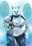  2020 anthro belly bottomwear bumomomoboa clothing english_text hi_res humanoid_hands japanese_text kemono male mammal overweight overweight_male pants polar_bear police police_badge shirt solo text topwear ursid ursine 
