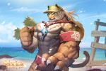  2020 abs anthro armband background_sky beach biceps big_muscles claws clothed clothing felid fur green_eyes hair hat headgear headwear hi_res huge_muscles humanoid_hands lifeguard long_hair male mammal multicolored_body multicolored_fur muscular muscular_male official_art orange_body orange_fur pang pantherine pecs sand sdorica sdorica_sunset sea seaside sky solo striped_body striped_fur stripes swimwear tiger topless trunk two_tone_body two_tone_fur unknown_artist water white_body white_fur 