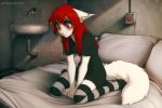  5_fingers anthro bed clothed clothing detailed_background domestic_cat eyebrows eyelashes felid feline felis female fingers fur furniture hair iskra kneeling mammal on_bed pink_nose red_eyes red_hair seelena_zorn_(iskra) solo white_body white_fur 