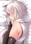  1girl animal_ears bare_shoulders bed black_gloves bridal_gauntlets commentary_request elbow_gloves gloves highres inubashiri_momiji pillow shishi_juuroku short_hair sleeping solo thick_eyebrows touhou translation_request upper_body white_hair wolf_ears 