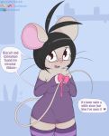  anthro black_hair blush breasts brown_eyes clothing dashboom dialogue english_text eyelashes eyewear freckles fur glasses grey_body grey_fur hair mammal michelle_(dashboom) mouse murid murine ribbons rodent solo talking_to_viewer text whiskers 