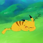  &lt;3 1:1 black_ears cleft_tail detailed_background dipstick_ears female funkyy fur grass hi_res line_art multicolored_ears nintendo outside pikachu pok&eacute;mon pok&eacute;mon_(species) red_cheeks sleeping solo sound_effects text video_games yellow_body yellow_fur zzz 