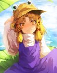  1girl arm_behind_head arm_up bangs blonde_hair brown_headwear commentary day eyebrows_visible_through_hair frog_eyes hair_ribbon hat high_collar highres knee_up ldl_(bcw1025) lily_pad long_sleeves looking_at_viewer medium_hair moriya_suwako outdoors parted_bangs purple_skirt purple_vest ribbon shirt sidelocks sitting skirt smirk solo thick_eyebrows touhou upper_body vest water white_shirt wide_sleeves yellow_eyes 