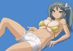  1girl bikini blue_background breasts cleavage collarbone commentary_request cowboy_shot green_eyes grey_hair isuzu_(kantai_collection) kantai_collection large_breasts long_hair looking_at_viewer lying shorts simple_background smile solo swimsuit tamu_(mad_works) twintails white_shorts yellow_bikini 