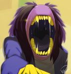  2018 anthro blue_clothing bodily_fluids brown_hair clothing deltarune duo feliscede female glowing glowing_eyes hair hi_res imminent_vore mouth_fetish mouth_shot open_mouth purple_body purple_scales reptile saliva scales scalie sharp_teeth simple_background susie_(deltarune) teeth video_games vore yellow_background yellow_teeth 