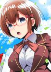  1girl :o ai_wa_muteki bangs blue_eyes bokutachi_wa_benkyou_ga_dekinai bow breasts brown_hair day glasses hair_bow impossible_clothes large_breasts ogata_rizu outdoors red-framed_eyewear red_bow school_uniform short_hair solo upper_body 