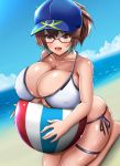  1girl :d absurdres artoria_pendragon_(all) ball beach beachball bikini blue_sky breasts brown_hair cosplay fate/grand_order fate_(series) glasses hat highres huge_breasts mameneko_pai mole mole_under_eye mysterious_heroine_xx_(foreigner) mysterious_heroine_xx_(foreigner)_(cosplay) open_mouth orange_eyes original red-framed_eyewear sand semi-rimless_eyewear sky smile swimsuit under-rim_eyewear white_bikini 