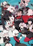  1boy 6+girls :d ahoge angel animal_ears azazel_(helltaker) bangs beelzebub_(helltaker) black_gloves black_hair black_legwear black_neckwear black_pants black_skirt black_suit black_vest blue_background breasts cellphone cerberus_(helltaker) clawed_gauntlets cleavage clipboard closed_mouth clothes_writing coffee_cup collared_shirt commentary cup dark_skin demon demon_horns demon_tail disposable_cup dog_ears dress_shirt english_commentary engrish_commentary everyone eyeshadow fang formal glasses gloves grin hair_ornament hair_over_one_eye halo hand_on_hip harem heart heart-shaped_pupils heart_hair_ornament helltaker helltaker_(character) highres holding holding_clipboard holding_cup holding_phone horns judgement_(helltaker) justice_(helltaker) kuroi_moyamoya lanyard long_hair looking_at_another looking_at_viewer lucifer_(helltaker) makeup medium_breasts medium_hair miniskirt modeus_(helltaker) multiple_girls name_tag necktie open_mouth pandemonica_(helltaker) pants pantyhose parted_bangs phone portal_(object) red_eyes red_gloves red_legwear red_shirt red_sweater ribbed_sweater ringed_eyes shirt shirt_grab short_hair skirt smartphone smile smoke suit sunglasses sweatdrop sweater symbol-shaped_pupils tail vest wavy_hair wavy_mouth white_eyes white_gloves white_hair white_pants zdrada_(helltaker) 
