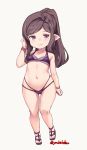  1girl arulumaya bikini breasts brown_hair granblue_fantasy harvin high_ponytail jingai_modoki long_hair mole mole_under_eye navel pointy_ears pubic_hair pubic_hair_peek sandals sidelocks small_breasts solo swimsuit 