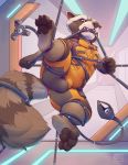  2020 4_toes anthro bite brown_body brown_fur bulge claws clothed clothing detailed_background feet fur guardians_of_the_galaxy hi_res machine male mammal marvel pawpads paws procyonid raccoon rocket_raccoon teeth thesecretcave toe_claws toes 