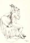  anthro breasts cervid dipstick_tail female finger_to_mouth hair hi_res hooves inner_ear_fluff long_hair mammal multicolored_tail scale_(artist) scut_tail side_boob side_view sitting sketch solo tuft 