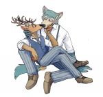  2019 anthro beastars blush bottomwear canid canine canis cervid cervine clothing cuddling duo footwear hi_res hyenaface legoshi_(beastars) louis_(beastars) male male/male mammal necktie shoes simple_background suspenders topwear vest wolf 