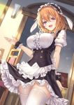  1girl animal_ears apron arm_behind_back bangs black_skirt black_vest blurry blurry_background blush breasts buttons center_frills chair collared_shirt cowboy_shot day eyebrows_visible_through_hair fake_animal_ears frilled_apron frills gochuumon_wa_usagi_desu_ka? hair_between_eyes half-closed_eyes hand_up highres holding hoto_cocoa indoors ks large_breasts looking_at_viewer maid_headdress menu older open_mouth orange_hair petticoat puffy_short_sleeves puffy_sleeves purple_eyes shirt short_hair short_sleeves skirt smile solo sunlight thighhighs thighs tongue vest waist_apron white_apron white_legwear white_shirt wrist_cuffs 