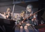  3girls absurdres bed blonde_hair bolt_action brown_hair bunk_bed camera girls_frontline gun hat hat_removed headwear_removed highres kar98k_(girls_frontline) long_hair mauser_98 military military_hat military_uniform mp40_(girls_frontline) mp41_(girls_frontline) multiple_girls peaked_cap rifle silver_hair sitting sitting_on_lap sitting_on_person taking_picture thumbs_up uniform weapon wehrmacht younger yuanhe_mx 
