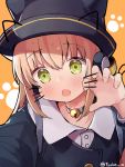  1girl :o animal_ears animal_hat bangs behind-the-head_headphones bell bell_choker black_choker black_headwear black_jacket blush choker claw_pose collared_shirt commentary drawn_ears drawn_whiskers dress_shirt eyebrows_visible_through_hair fake_animal_ears girls_frontline green_eyes hair_between_eyes hand_up hat headphones jacket light_brown_hair long_hair long_sleeves looking_at_viewer open_mouth orange_background shirt solo tmp_(girls_frontline) tsuka twitter_username upper_body white_shirt 