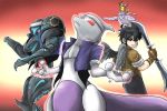  2boys 3others black_hair cosplay dark_pit dark_samus fatal_fury_cap fingerless_gloves gen_1_pokemon gloves headband highres kicdon kusanagi_kyou kusanagi_kyou_(cosplay) legendary_pokemon looking_back mewtwo multiple_boys multiple_others pikachu red_background red_eyes super_smash_bros. terry_bogard the_king_of_fighters wings 