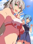  2girls :d aircraft airship ao_no_kiseki aqua_hair bare_legs bikini blue_sky blue_swimsuit blush bow breasts chiharu_(9654784) claw_pose cleavage cloud cloudy_sky day eiyuu_densetsu elie_macdowell eyebrows_visible_through_hair green_eyes hair_between_eyes hair_bow highres large_breasts long_hair looking_at_viewer midriff multiple_girls navel one-piece_swimsuit open_mouth outdoors self_shot side-tie_bikini sidelocks silver_hair sky small_breasts smile straight_hair sun swimsuit thighs tio_plato twintails v white_bikini yellow_eyes zero_no_kiseki 