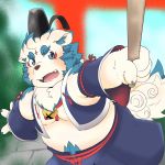  1:1 2020 agyou anthro asian_mythology belly blush clothed clothing cute_fangs east_asian_mythology foo_dog fur hat headgear headwear hi_res humanoid_hands japanese_mythology kemono komainu male mammal mythology pute_819 slightly_chubby solo tokyo_afterschool_summoners video_games white_body white_fur yōkai 