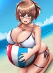  1girl :d absurdres artoria_pendragon_(all) ball beach beachball bikini blue_sky breasts brown_hair cosplay fate/grand_order fate_(series) glasses highres huge_breasts mameneko_pai mole mole_under_eye mysterious_heroine_xx_(foreigner) mysterious_heroine_xx_(foreigner)_(cosplay) open_mouth orange_eyes original red-framed_eyewear sand semi-rimless_eyewear sky smile swimsuit under-rim_eyewear white_bikini 