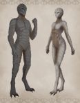  3_fingers 3_toes absurd_res alien anthro antian boneplates case-black_universe claws digital_media_(artwork) duo feet female fingers hi_res humanoid male male/female mammal nude paws scales simple_background toes unknown_artist 