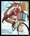  bangs basket bicycle breasts brown_hair china_dress chinese_clothes clothes_tug dress flashlight food ground_vehicle guilty_gear hair_rings hair_tubes highres kuradoberi_jam large_breasts leaf long_hair mariebell shadow signature thighs tin_can very_long_hair wheel 