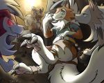  2018 5:4 after_transformation ambiguous_gender anthro black_claws blue_eyes brown_body brown_fur cheek_tuft claws clothing dusk_lycanroc facial_tuft feral fur glowing glowing_eyes green_eyes hair hi_res human_to_feral licking lycanroc male markings midday_lycanroc midnight_lycanroc neck_tuft nintendo orange_body orange_fur pawpads pink_pawpads pink_tongue pok&eacute;mon pok&eacute;mon_(species) red_body red_eyes red_fur rock rockruff sharp_teeth sitting smile species_transformation stickmanwww sunset tail_tuft teeth toes tongue tongue_out torn_clothing transformation tree tuft video_games white_body white_fur white_hair 