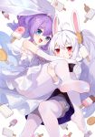  2girls :d ahoge animal_ears azur_lane bangs bare_shoulders black_vest blue_eyes blush bunny_ears carrying commentary_request dress elbow_gloves eyebrows_visible_through_hair facial_mark food gloves grey_shorts hair_between_eyes hair_ornament heart highres ice_cream javelin_(azur_lane) laffey_(azur_lane) legwear_under_shorts long_hair long_sleeves looking_at_viewer multiple_girls no_shoes open_mouth pantyhose parted_lips princess_carry purple_hair red_eyes shirt short_shorts shorts simple_background smile soles strapless strapless_dress tiara tsubasa_tsubasa twintails veil very_long_hair vest wedding_dress white_background white_dress white_gloves white_hair white_legwear white_shirt yuri 