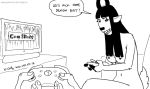  2020 ambiguous_gender antelope anthro bovid bovine breasts controller dialogue duo english_text female first_person_view fur game_controller hair human kudu long_hair mammal miss_thompson_(tegerio) monochrome navel nipples nude spiral-horned_antelope talking_to_viewer tegerio text video_games 