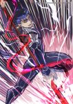  1boy blue_bodysuit blue_hair bodysuit cu_chulainn_(fate)_(all) darkn2ght_(bluepeppermints) earrings fate/grand_order fate/stay_night fate_(series) gae_bolg hair_strand highres holding holding_spear holding_weapon jewelry lancer long_hair looking_away male_focus open_mouth polearm ponytail red_eyes shoulder_armor signature solo spear watermark weapon 