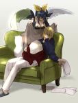  1boy 1girl asymmetrical_wings bangs black_dress blanket blonde_hair blue_hair breasts casual cleavage closed_eyes couch detached_sleeves dizzy_(guilty_gear) dress egg family father_and_son glasses guilty_gear guilty_gear_2 hair_ribbon husband_and_wife jewelry ky_kiske large_breasts maka_(morphine) necklace paper ponytail ribbon sleeping slippers wings yellow_ribbon 