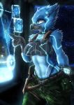  absurd_res anthro avian big_breasts bird blue_body blue_eyes blue_feathers bluewolfartista bounty_hunter breasts fan_character feathers female feral futuristic hi_res hologram humanoid science_fiction solo space starbound video_games 