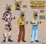  african_wild_dog anthro avery_(foxmusk) balls biped canid canine canis clothed clothing cult english_text eyewear facial_hair foxmusk fur genitals hair hi_res hippie male mammal nude penis solo text 