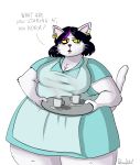  anthro apron belly beverage big_breasts black_hair breasts catti_(deltarune) cleavage clothed clothing cup deltarune dialogue domestic_cat dress ear_piercing ear_ring english_text felid feline felis female fully_clothed fur hair half-closed_eyes highlights_(coloring) huge_thighs mammal narrowed_eyes open_mouth overweight overweight_female piercing platter professordoctorc purple_highlights simple_background solo speech_bubble text thick_thighs video_games waiter whiskers white_body white_fur wide_hips yellow_sclera 