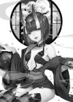  1girl absurdres alcohol artist_request bangs bare_shoulders blush bob_cut breasts collarbone cup eyeliner fate/grand_order fate_(series) gourd greyscale headpiece highres horns long_sleeves looking_at_viewer makeup monochrome obi off_shoulder oni oni_horns open_mouth revealing_clothes sakazuki sake sash short_hair shuten_douji_(fate/grand_order) sitting skin-covered_horns small_breasts smile thighs wide_sleeves 
