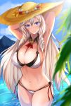  1girl algerie_(azur_lane) algerie_(white_sand_angel)_(azur_lane) arms_behind_head azur_lane bikini breasts brown_bikini detached_collar drill_hair flower hat hat_flower in_water large_breasts long_hair looking_at_viewer mole mole_under_eye multi-strapped_bikini multiple_straps purple_eyes sabamiso_(tomomon021831) solo standing straw_hat swimsuit twin_drills two-tone_bikini very_long_hair water white_bikini white_hair 