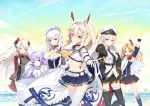  6+girls ^_^ ahoge antenna_hair arm_up armpits ayanami_(azur_lane) azur_lane bandaid bare_shoulders belfast_(azur_lane) belt black_choker black_gloves black_jacket black_legwear black_skirt blonde_hair blue_skirt breasts capelet choker cleavage cleveland_(azur_lane) closed_eyes collared_shirt crop_top crop_top_overhang day detached_sleeves dress dress_shirt enterprise_(azur_lane) floating_hair gloves gold_trim gradient_sky groin hair_ornament hand_up hat highres jacket kneehighs large_breasts long_dress long_hair long_sleeves looking_at_viewer maid maid_headdress maya_g medium_breasts midriff miniskirt mole mole_on_breast multicolored_hair multiple_girls navel necktie ocean off_shoulder one_side_up open_clothes open_jacket orange_eyes outdoors outstretched_arm parted_lips peaked_cap pleated_skirt ponytail prinz_eugen_(azur_lane) purple_eyes purple_hair red_eyes retrofit_(azur_lane) sailor_collar shirt sideboob skirt sky sleeveless sleeveless_shirt smile standing stomach streaked_hair stuffed_alicorn two_side_up underboob underbust unicorn_(azur_lane) very_long_hair white_dress white_hair white_headwear white_legwear white_shirt wide_sleeves 